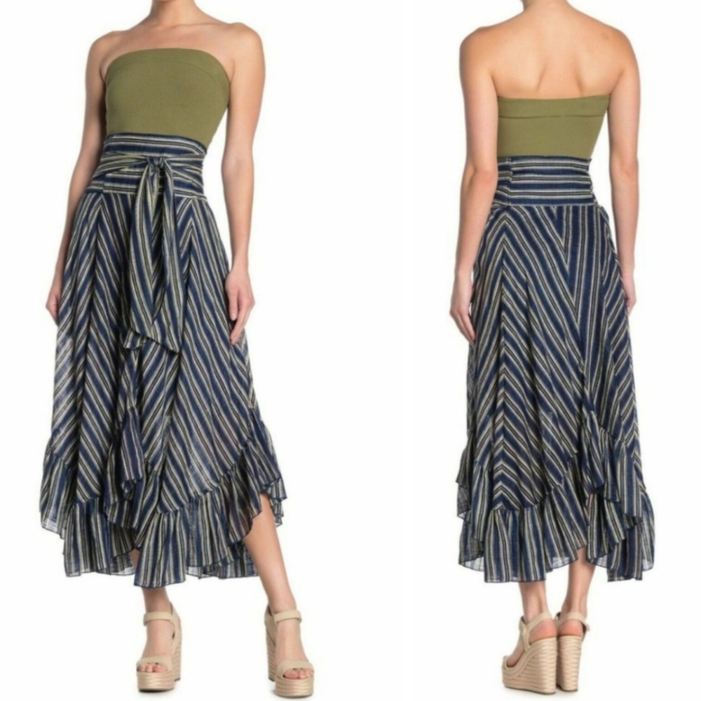 Free People Giselle Skirt Dress Lagenlook Striped Ruffled Tie Waist Boho Blue XS